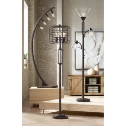 Franklin Iron Works Warwick Industrial Torchiere Floor Lamp With Side Lights 71 1/2" Tall Tiger Bronze LED Clear Seedy Glass For Living Room Reading -Home Decoration GUEST 023745ec 43a4 41a8 8b0c dd8b58eadc03