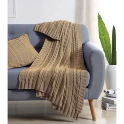 50"x70" Home Dublin Cable Knit Throw Blanket Tan - VCNY -Home Decoration GUEST 02b18b20 8c88 4336 bd47 b17ed93b52b8