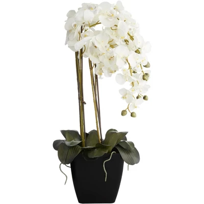 Dahlia Studios Potted Faux Artificial Flowers Realistic White Orchid In Black Pot With Riser For Home Decoration 25 1/2" High 6 Dahlia Studios Potted Faux Artificial Flowers Realistic White Orchid In Black Pot With Riser For Home Decoration 25 1/2" High - Image 4