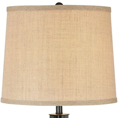360 Lighting Heather Modern Industrial Table Lamps Set Of 2 With Round Risers 27 1/4" Tall Dark Iron USB Charging Port Iron Burlap Drum Shade For Desk 4 360 Lighting Heather Modern Industrial Table Lamps Set Of 2 With Round Risers 27 1/4" Tall Dark Iron USB Charging Port Iron Burlap Drum Shade For Desk - Image 2