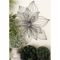 Modern Metal Floral 3D Wire Wall Decor With Crystal Embellishments Black - Olivia & May