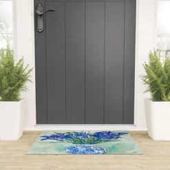 Lara Lee Meintjes Iris Bouquet In Chinoiserie Vase On Blue And White Striped Tablecloth On Painterly Mint Green Welcome Mat - Society6