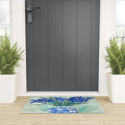 Lara Lee Meintjes Iris Bouquet In Chinoiserie Vase On Blue And White Striped Tablecloth On Painterly Mint Green Welcome Mat - Society6 3 Lara Lee Meintjes Iris Bouquet In Chinoiserie Vase On Blue And White Striped Tablecloth On Painterly Mint Green Welcome Mat - Society6