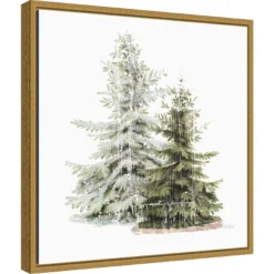 16" X 16" Vintage Wooded Holiday Trees In Snow By Katie Pertiet Framed Canvas Wall Art - Amanti Art