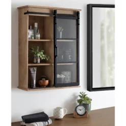 22" X 28" Barnhardt Decorative Wooden Wall Cabinet With Sliding Glass Door Rustic Brown - Kate & Laurel All Things Decor -Home Decoration GUEST 219513b0 c922 46e5 b894 ffa14673e46b