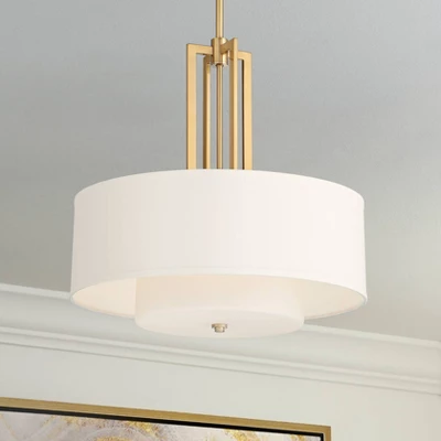 Possini Euro Design Sundry Warm Brass Pendant Chandelier 24" Wide Modern Double Drum Shades 4-Light Fixture For Dining Room House Foyer Kitchen Island 3 Possini Euro Design Sundry Warm Brass Pendant Chandelier 24" Wide Modern Double Drum Shades 4-Light Fixture For Dining Room House Foyer Kitchen Island