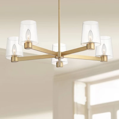 Possini Euro Design Satiny Gold Pendant Chandelier 27 1/4" Wide Modern Clear Glass Shades 5-Light Fixture For Dining Room House 3 Possini Euro Design Satiny Gold Pendant Chandelier 27 1/4" Wide Modern Clear Glass Shades 5-Light Fixture For Dining Room House