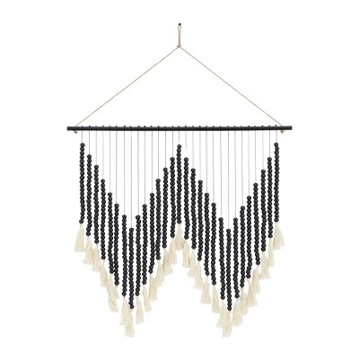 Wood Macrame Beaded Wall Decor With Fringe Tassels - Olivia & May 6 Wood Macrame Beaded Wall Decor With Fringe Tassels - Olivia & May - Image 4