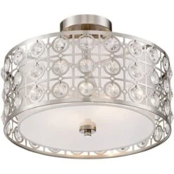 Possini Euro Design Saira Modern Ceiling Light Semi Flush Mount Fixture 16" Wide Brushed Nickel Crystal Organza Drum Shade For Bedroom Kitchen Hallway -Home Decoration GUEST 2fca2bd0 5fb8 491e 8a14 73d05a4290d8
