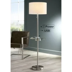 360 Lighting Caper Modern Floor Lamp With Tray Table 60 1/2" Tall Brushed Nickel USB And AC Power Outlet Off White Fabric Drum Shade For Living Room