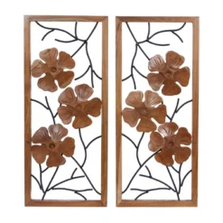 Set Of 2 Teak Wood Floral Handmade Framed Carved Wall Decors With Metal Wire Brown - Olivia & May