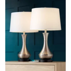360 Lighting Simon Modern Table Lamps 25 1/2" High Set Of 2 Brushed Nickel With USB Charging Port White Fabric Drum Shade For Bedroom Living Room Desk -Home Decoration GUEST 45d02464 4018 498b a892 f27e1a0c7a9a