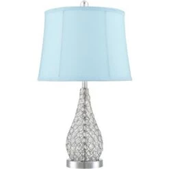 360 Lighting Sergio Modern Accent Table Lamps 23 1/2" High Set Of 2 Chrome Clear Acrylic With USB Charging Port Blue Softback Drum Shade For Home Desk -Home Decoration GUEST 50187d19 ddee 46ee 9944 e991db61e2e7