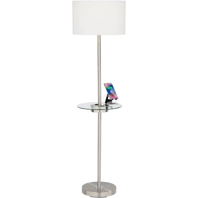 360 Lighting Caper Modern Floor Lamp With Tray Table 60 1/2" Tall Brushed Nickel USB And AC Power Outlet Off White Fabric Drum Shade For Living Room 4 360 Lighting Caper Modern Floor Lamp With Tray Table 60 1/2" Tall Brushed Nickel USB And AC Power Outlet Off White Fabric Drum Shade For Living Room - Image 2