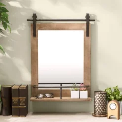 Wall Mount Barn Mirror With Wood Shelf And Iron Hardware - Danya B.
