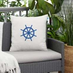 Sunbrella Indoor/Outdoor Ship Wheel Embroidered Throw Pillow White/Blue - Sorra Home -Home Decoration GUEST 61bf4f5d 2bcf 4687 b064 2f30b070cb85