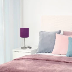 19.5" Bedside USB Port Feature Metal Table Desk Lamp Brushed Steel With Purple Fabric Shade - Creekwood Home -Home Decoration GUEST 6b3bf575 469f 4d99 9e32 d662624da8d5