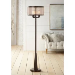 Franklin Iron Works Durango Rustic Farmhouse Floor Lamp 62" Tall Oiled Bronze Metal 3 Light LED Brown Sheer Drum Shade For Living Room Bedroom Office