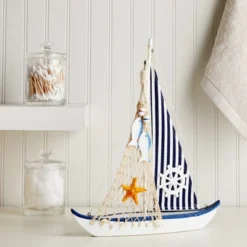 Juvale Wooden Sailing Boat Home Decor, Beach Nautical Design Sailboat With Ship's Wheel, 13 X 15 X 3 In