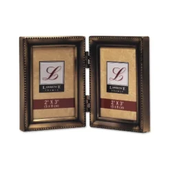 Lawrence Frames Antique Gold Brass Hinged Double 2x3 Picture Frame-Beaded Edge Design 11423D