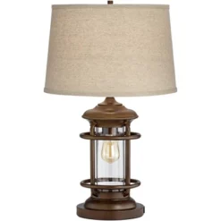 Franklin Iron Works Andreas Industrial Table Lamp 26" High Brown Metal With Nightlight LED And USB Charging Port Oatmeal Shade For Living Room Desk -Home Decoration GUEST 81e3b76f 0c73 49e1 863b ee64ce20556e