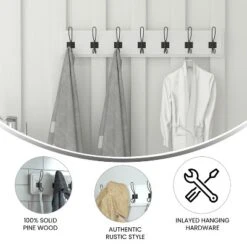 Flash Furniture Daly Wall Mounted 34 Inch Solid White Pine Wood Storage Rack With 7 Hooks For Entryway, Kitchen, Bathroom -Home Decoration GUEST 831f5902 9bb6 4e8e 93d5 5a436adbacea