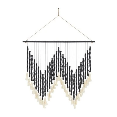Wood Macrame Beaded Wall Decor With Fringe Tassels - Olivia & May 3 Wood Macrame Beaded Wall Decor With Fringe Tassels - Olivia & May