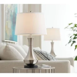 360 Lighting Simon Modern Table Lamps 25 1/2" High Set Of 2 Brushed Nickel With USB Charging Port White Fabric Drum Shade For Bedroom Living Room Desk -Home Decoration GUEST 9720b799 16c4 428e 9769 9e0d90f9cf62