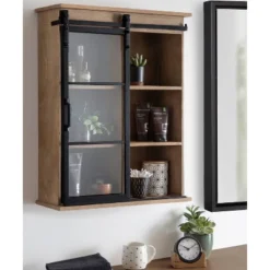 22" X 28" Barnhardt Decorative Wooden Wall Cabinet With Sliding Glass Door Rustic Brown - Kate & Laurel All Things Decor -Home Decoration GUEST 9d48e6cf d1ae 48c2 9fc8 aca09ef0b1ff