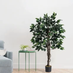 Forever Leaf 48" Artificial Ficus Silk Tree In Black Pot, Indoor Artificial Plant For Home Decor