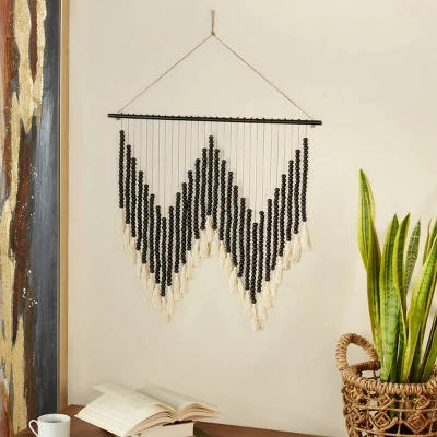 Wood Macrame Beaded Wall Decor With Fringe Tassels - Olivia & May 7 Wood Macrame Beaded Wall Decor With Fringe Tassels - Olivia & May - Image 5