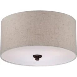Regency Hill Sylvan Modern Ceiling Light Semi Flush Mount Fixture 14" Wide Bronze 3-Light Oatmeal Fabric Drum Shade For Bedroom Kitchen Living Room -Home Decoration GUEST a02f0228 5e2e 4bb5 b0fc a78de8efcac0