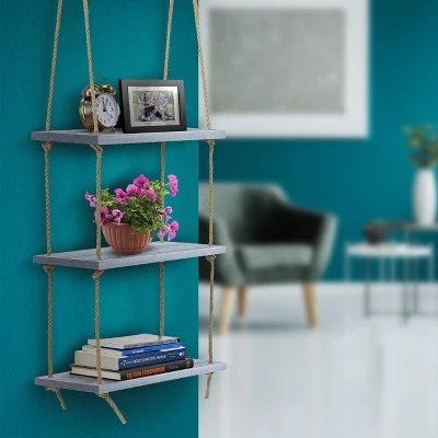 Sorbus 3-Tier Rustic Wood Hanging Shelf (Gray) 5 Sorbus 3-Tier Rustic Wood Hanging Shelf (Gray) - Image 3