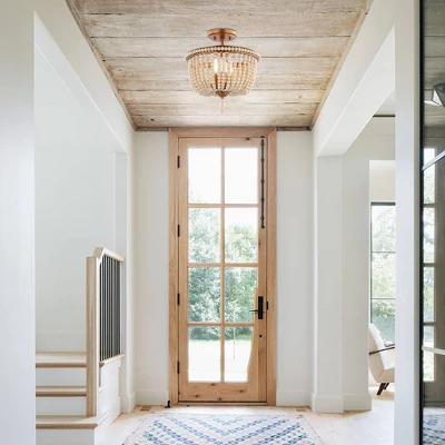 14" LED 3-Light Allie Wood Bead/Iron Pendant Antique Gold/Taupe - JONATHAN Y 5 14" LED 3-Light Allie Wood Bead/Iron Pendant Antique Gold/Taupe - JONATHAN Y - Image 3