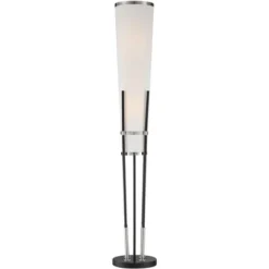 Possini Euro Design Flute Modern Torchiere Floor Lamp 64" Tall Satin Black Brushed Nickel White Linen Shade For Living Room Bedroom Office House Home -Home Decoration GUEST c56dd1f3 c98f 40da 9933 1867b845c526