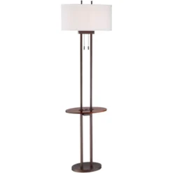 Franklin Iron Works Rustic Industrial Farmhouse Floor Lamps With Tray Table USB Port 62" Tall Set Of 2 Bronze Walnut Linen Shade For Living Room -Home Decoration GUEST c7ac850a 7bd2 4851 aa29 4e38fb94ad8d