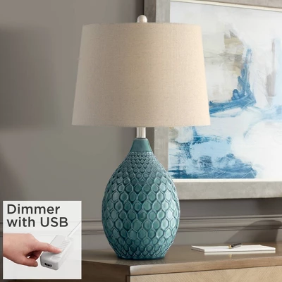 360 Lighting Modern Table Lamp With USB Charging Port 24 3/4" High Sea Foam Ceramic Oatmeal Drum Shade For Living Room Desk Bedroom 3 360 Lighting Modern Table Lamp With USB Charging Port 24 3/4" High Sea Foam Ceramic Oatmeal Drum Shade For Living Room Desk Bedroom
