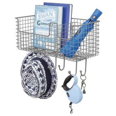 MDesign Metal Storage Organizer Basket With 6 Hooks - Wall Mount 10 MDesign Metal Storage Organizer Basket With 6 Hooks - Wall Mount - Image 8