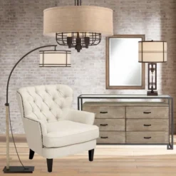 Franklin Iron Works Gentry Industrial Rustic Farmhouse Arc Floor Lamp 71 1/2" Tall Oil Rubbed Bronze Oatmeal Drum Shade For Living Room Reading Office -Home Decoration GUEST caddd4bd 9864 4c87 af00 5083dd9a34d3