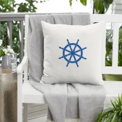 Sunbrella Indoor/Outdoor Ship Wheel Embroidered Throw Pillow White/Blue - Sorra Home -Home Decoration GUEST d0c68370 a908 4f93 9649 31e462f7b766
