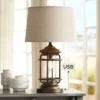 Franklin Iron Works Andreas Industrial Table Lamp 26" High Brown Metal With Nightlight LED And USB Charging Port Oatmeal Shade For Living Room Desk -Home Decoration GUEST d8dc011a 6a43 4c46 8d6e 47fe178b34a0