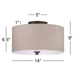 Regency Hill Sylvan Modern Ceiling Light Semi Flush Mount Fixture 14" Wide Bronze 3-Light Oatmeal Fabric Drum Shade For Bedroom Kitchen Living Room -Home Decoration GUEST f0963af3 123f 45f3 9682 fe553a845f8e