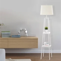 58" Etagere Floor Lamp With Shelves With Linen Shade White - Cresswell Lighting -Home Decoration GUEST f307b30f e75e 4148 9aaa c54291274eb7