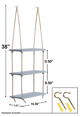 Sorbus 3-Tier Rustic Wood Hanging Shelf (Gray) 4 Sorbus 3-Tier Rustic Wood Hanging Shelf (Gray) - Image 2