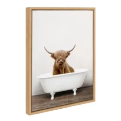18" X 24" Sylvie Highland Cow In Tub Color Framed Canvas Wall Art By Amy Peterson Natural - Kate And Laurel